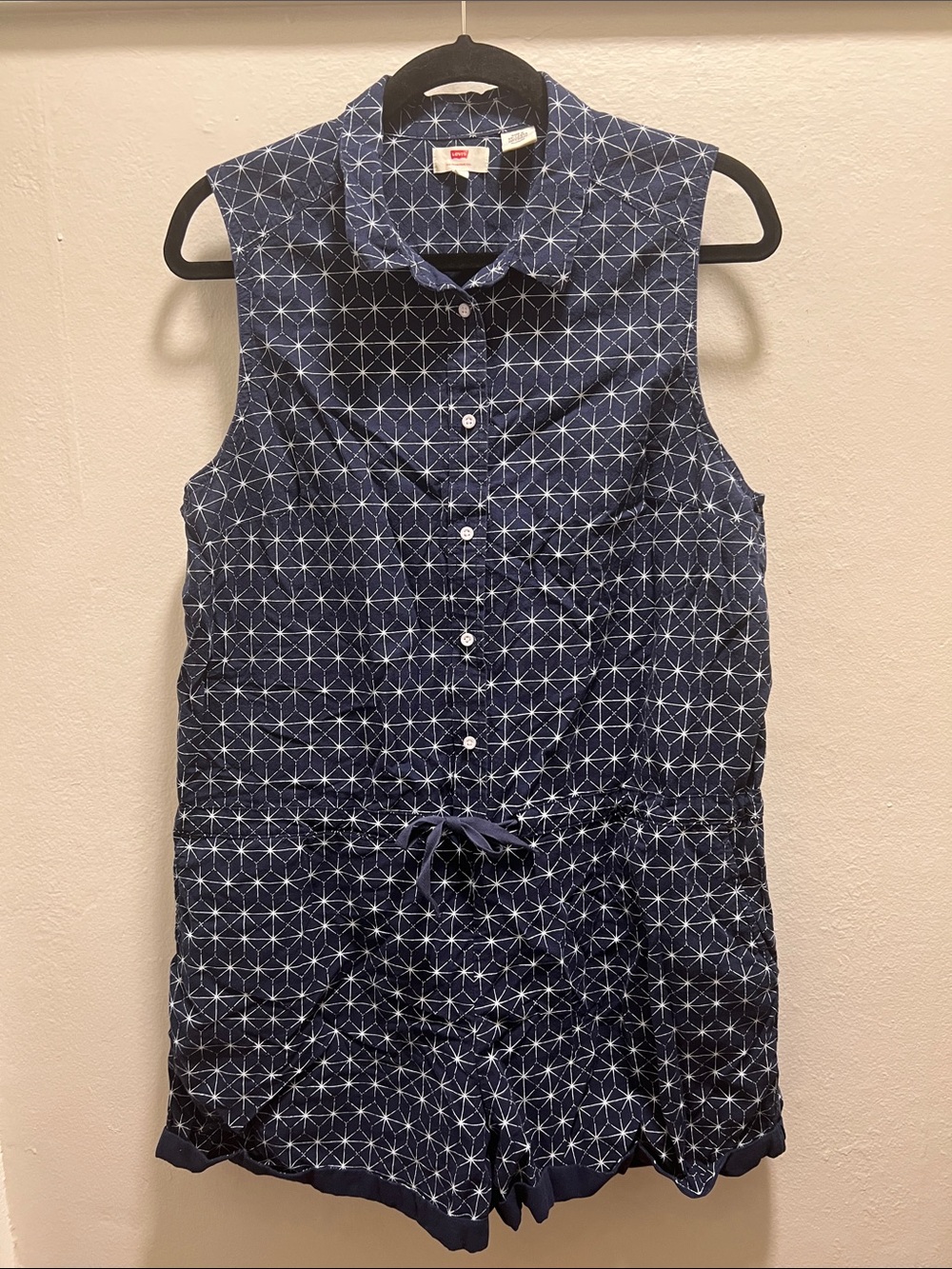 Levi’s 100% Cotton Sleeveless Navy Geometric Print Button-Front Romper, XL